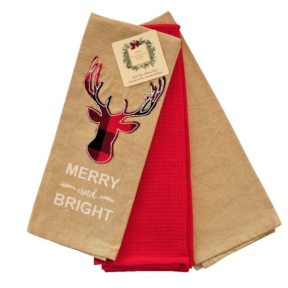 3 Pc. Kitchen Kitchen Towel Set Appliqued Moose Red Beige Merry and Bright - Picture 1 of 1